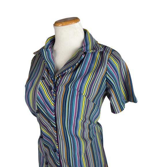 Handmade 60s 70s Striped Tie Waist Shirt Dress Medium Buttons Blue And Green - Picture 3 of 5